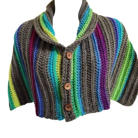 Washable long wide shawl scarf multicolor rainbow handknit wood buttons - Picture 9 of 11